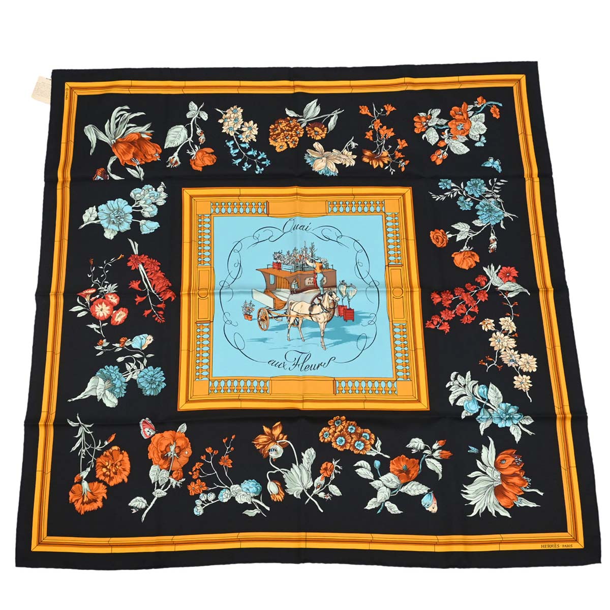Hermes Scarf Carre 90 Quai aux Fleurs Black Small Good