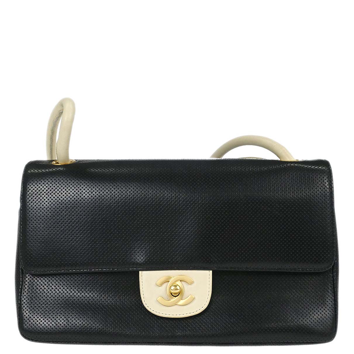 Chanel 2000-2002 Black Ivory Perforated Lambskin Single Flap Shoulder Bag