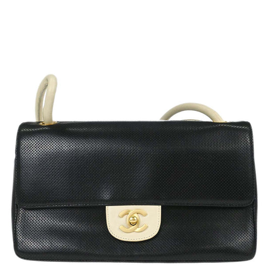 Chanel 2000-2002 Black Ivory Perforated Lambskin Single Flap Shoulder Bag