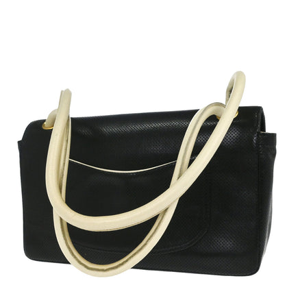 Chanel 2000-2002 Black Ivory Perforated Lambskin Single Flap Shoulder Bag