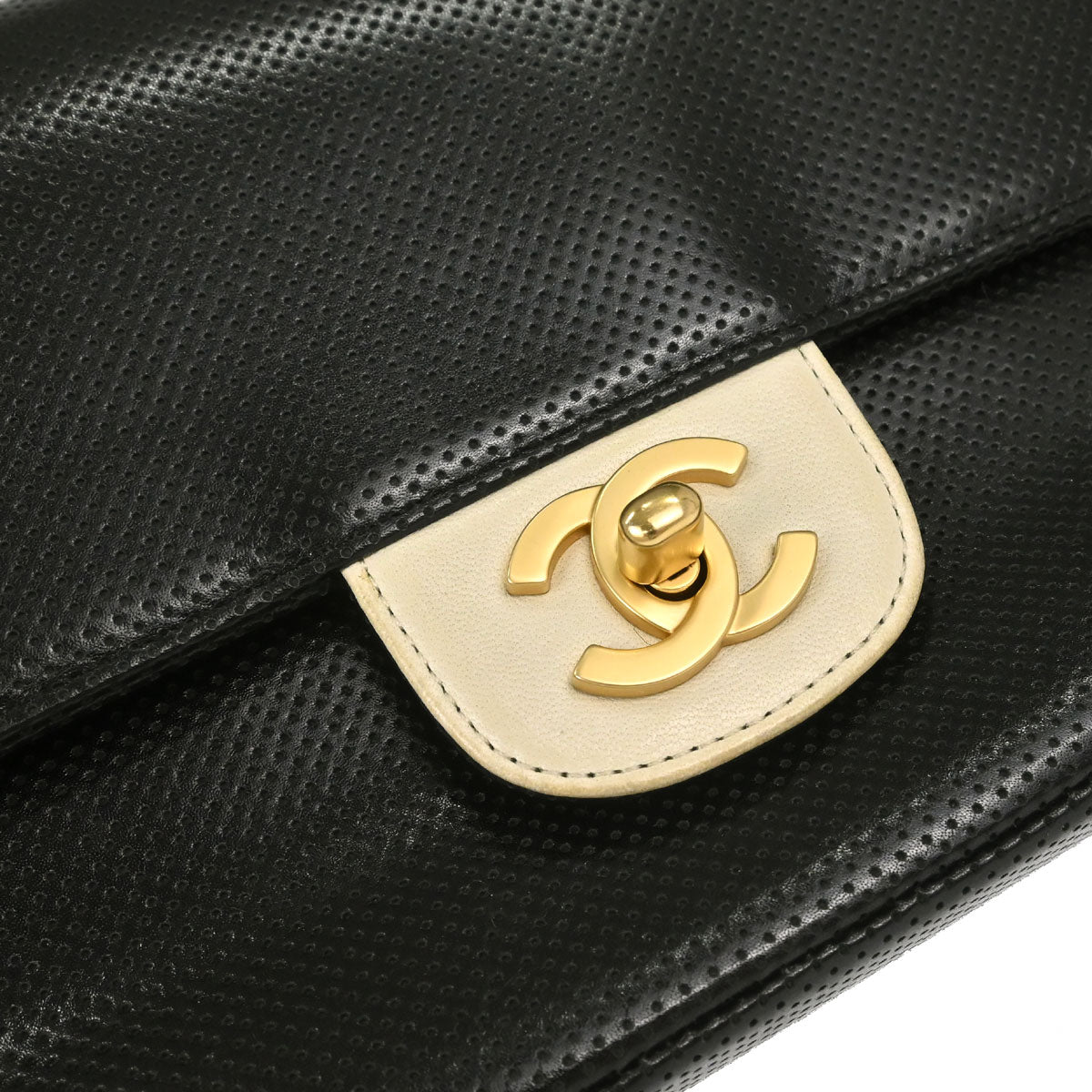 Chanel 2000-2002 Black Ivory Perforated Lambskin Single Flap Shoulder Bag