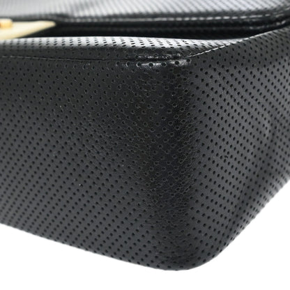 Chanel 2000-2002 Black Ivory Perforated Lambskin Single Flap Shoulder Bag