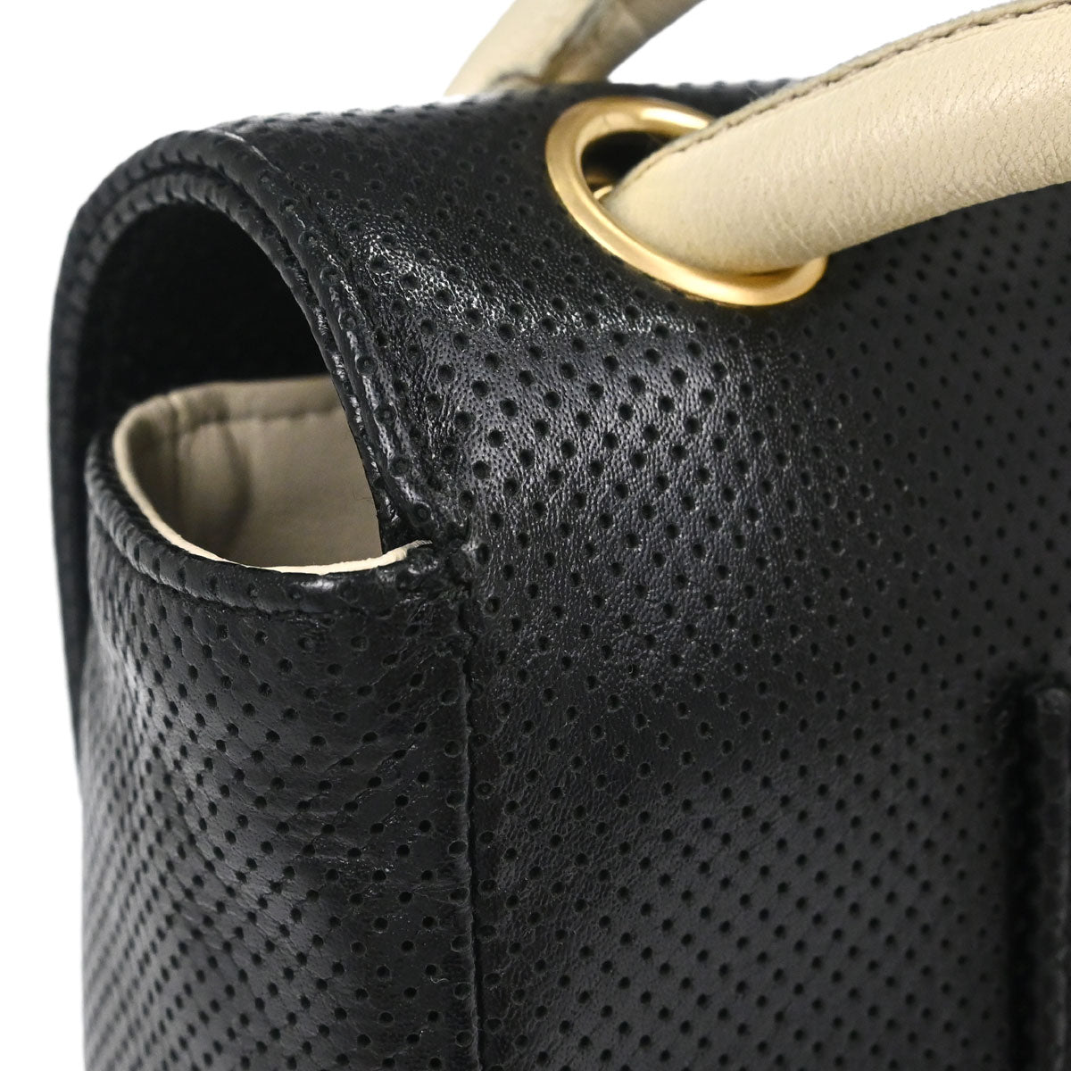 Chanel 2000-2002 Black Ivory Perforated Lambskin Single Flap Shoulder Bag
