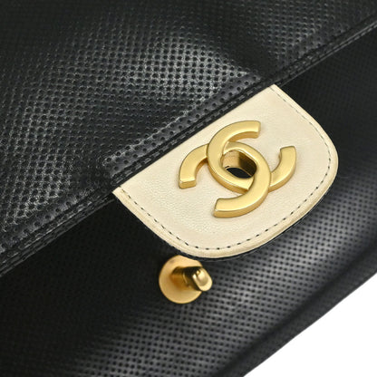 Chanel 2000-2002 Black Ivory Perforated Lambskin Single Flap Shoulder Bag