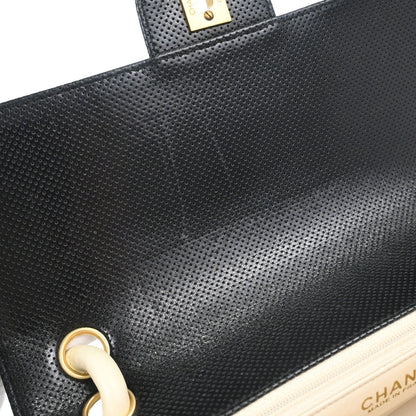 Chanel 2000-2002 Black Ivory Perforated Lambskin Single Flap Shoulder Bag