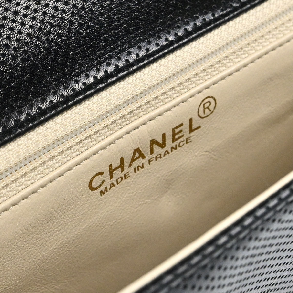 Chanel 2000-2002 Black Ivory Perforated Lambskin Single Flap Shoulder Bag