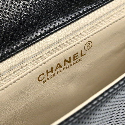 Chanel 2000-2002 Black Ivory Perforated Lambskin Single Flap Shoulder Bag