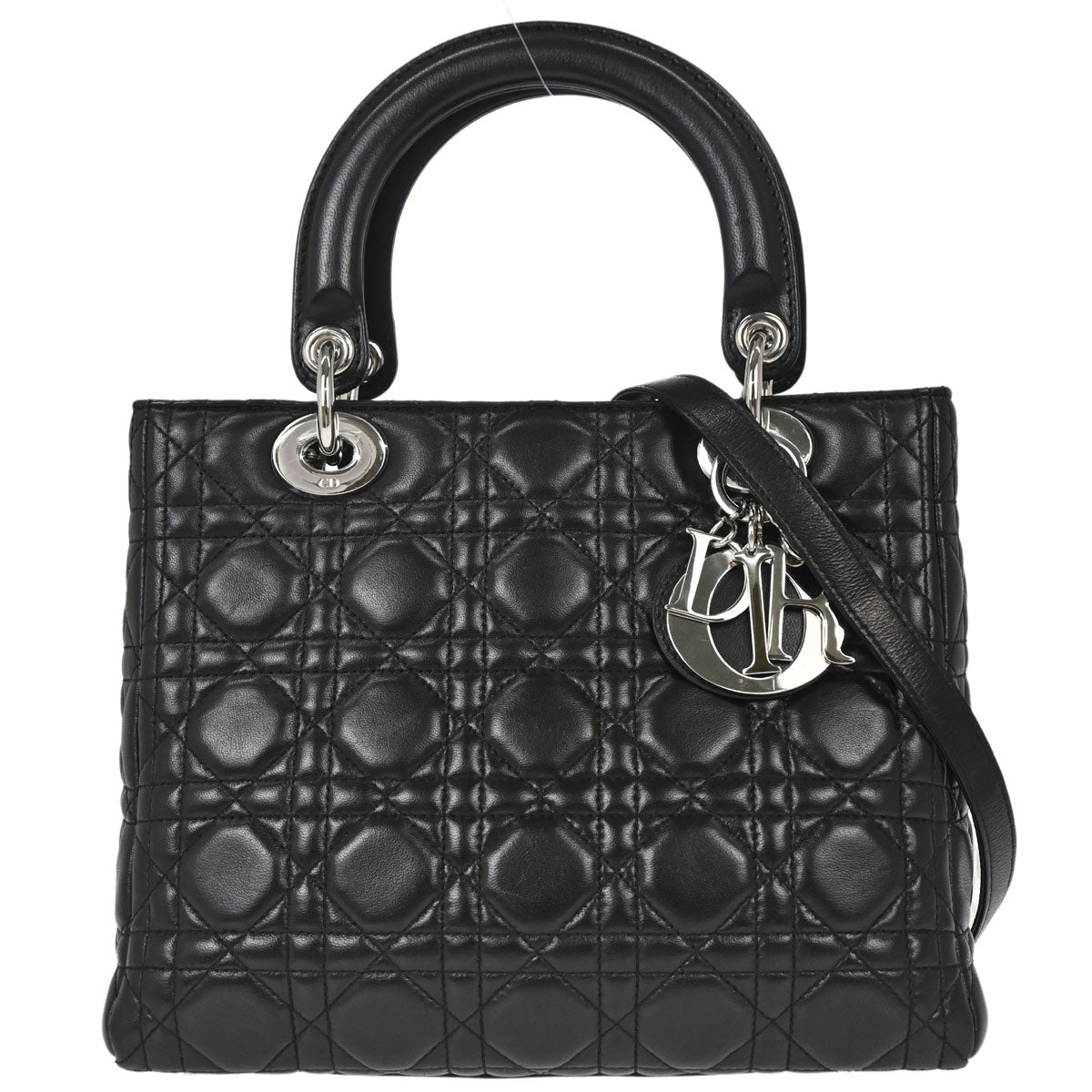 Christian Dior Black Lambskin Medium Lady Dior Cannage 2way Shoulder Handbag