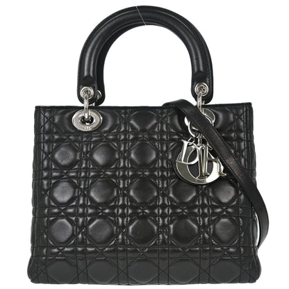 Christian Dior Black Lambskin Medium Lady Dior Cannage 2way Shoulder Handbag
