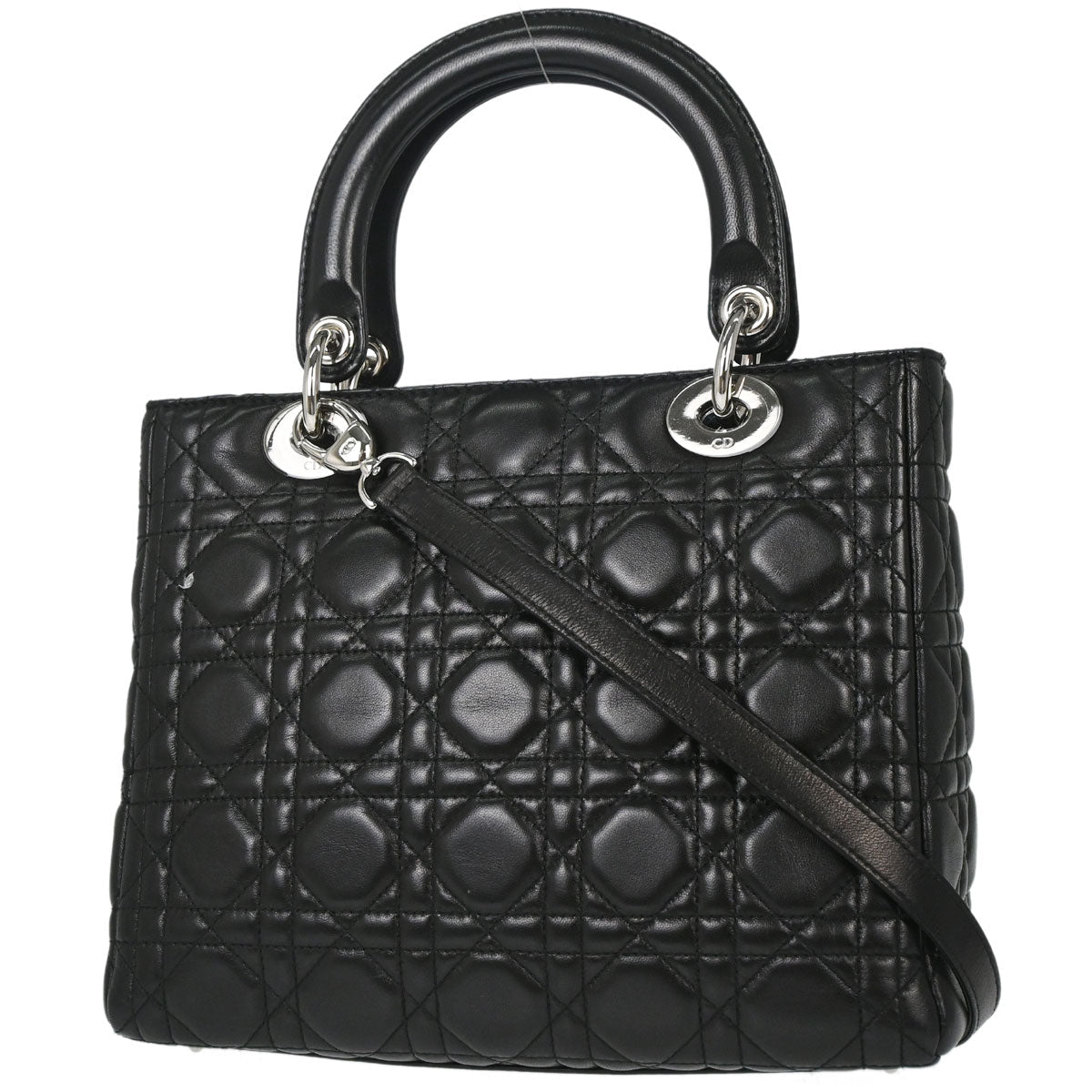 Christian Dior Black Lambskin Medium Lady Dior Cannage 2way Shoulder Handbag