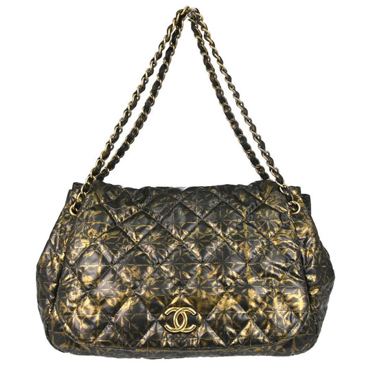 Chanel 2009-2010 Black Gold Printed Nylon Accordion Flap Bag