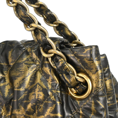 Chanel 2009-2010 Black Gold Printed Nylon Accordion Flap Bag
