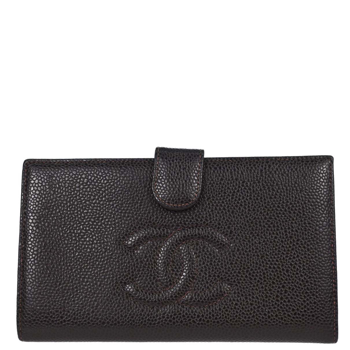 Chanel 2002-2003 Brown Caviar Skin Long Bifold Wallet Purse