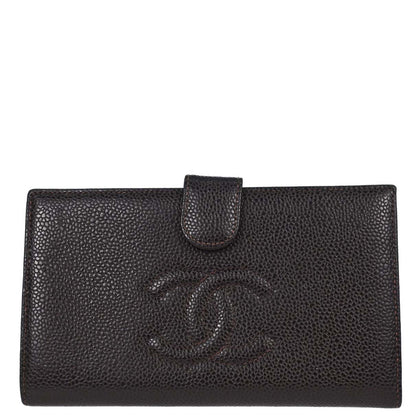 Chanel 2002-2003 Brown Caviar Skin Long Bifold Wallet Purse