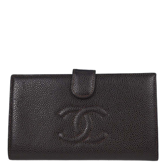Chanel 2002-2003 Brown Caviar Skin Long Bifold Wallet Purse