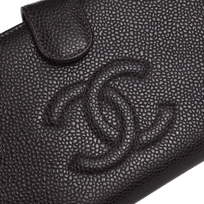 Chanel 2002-2003 Brown Caviar Skin Long Bifold Wallet Purse