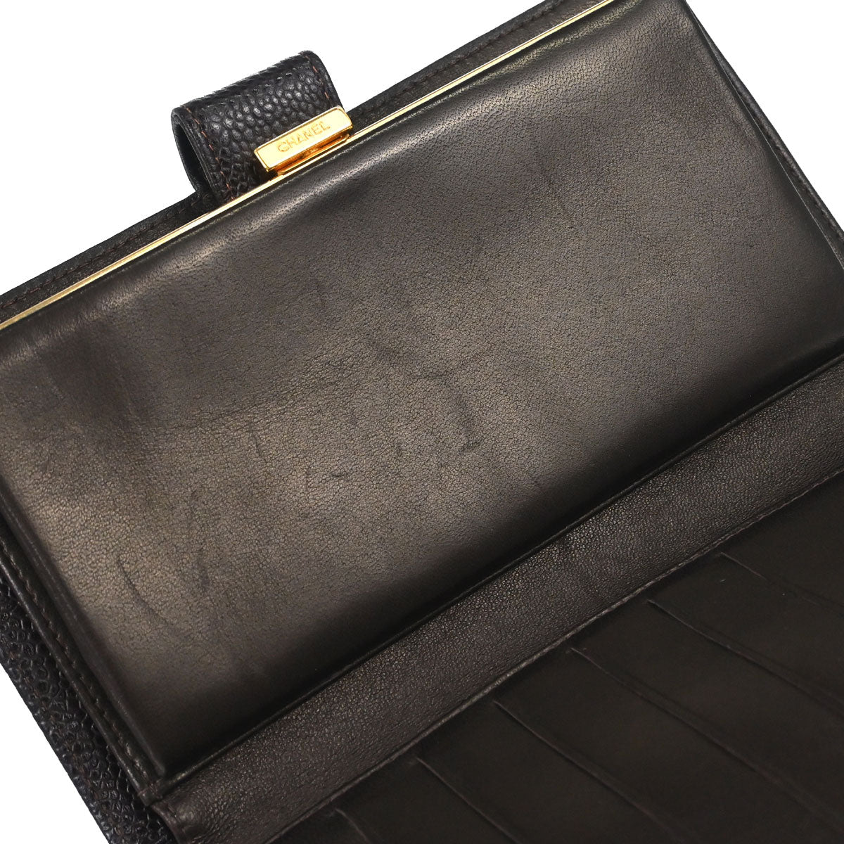 Chanel 2002-2003 Brown Caviar Skin Long Bifold Wallet Purse