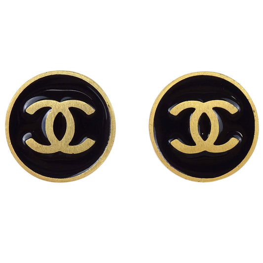 Chanel Button Clip-On Earrings Gold Black 01P