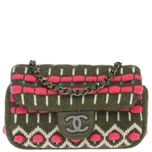 Chanel 2015-2016 Khaki Cashmere Paris-Salzburg Knit Chain Shoulder Bag