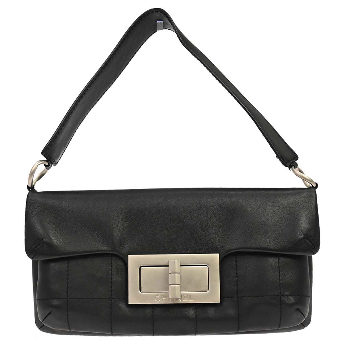 Chanel 2003-2004 Black Lambskin Choco Bar Mademoiselle Lock Handbag