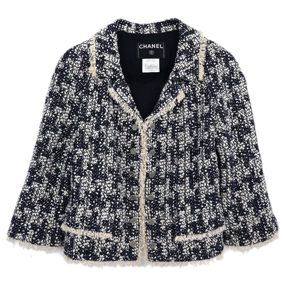 Chanel 2005 Single Breasted Tweed Houndstooth Jacket Navy #36