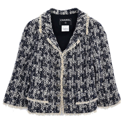 Chanel 2005 Single Breasted Tweed Houndstooth Jacket Navy #36