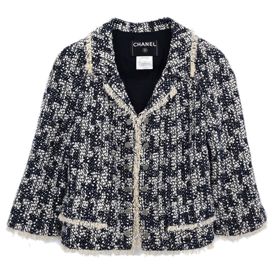 Chanel 2005 Single Breasted Tweed Houndstooth Jacket Navy #36