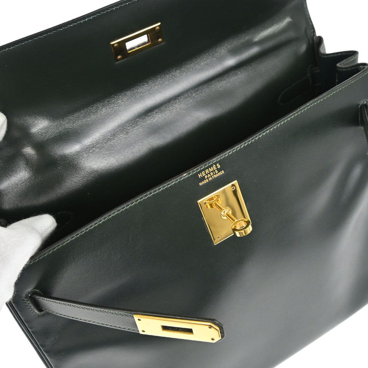 Hermes Vert Fonce Box Calf Kelly 32 Retourne Handbag