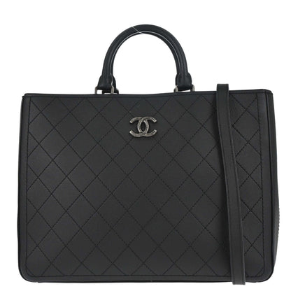 Chanel 2017-2018 Black Calfskin Wild Stitch So Light Tote 2way Shoulder Handbag