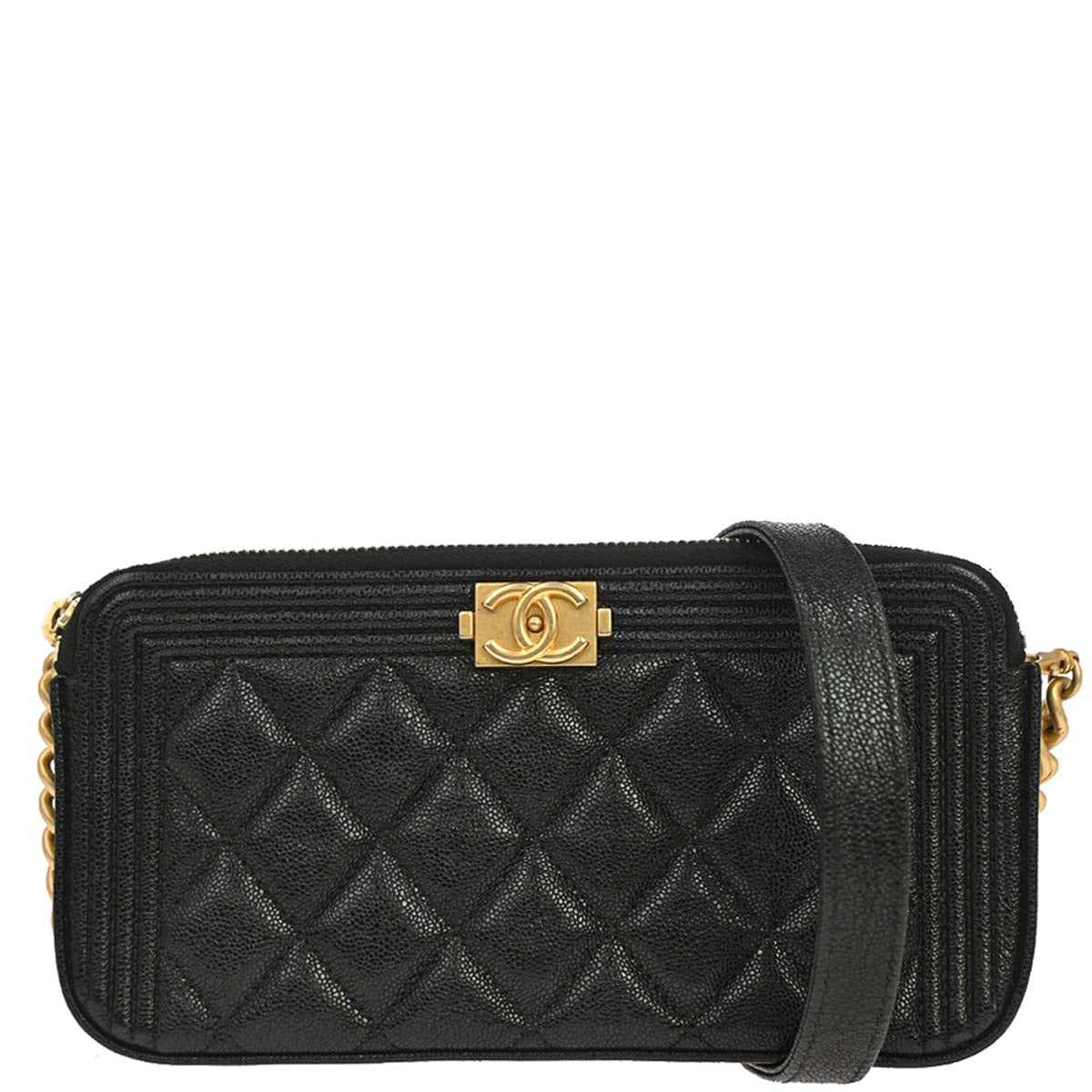 Boy Chanel 2019 Black Caviar Skin Double Zip Chain WOC Shoulder Bag