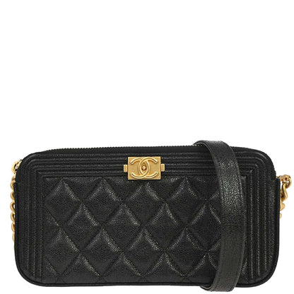 Boy Chanel 2019 Black Caviar Skin Double Zip Chain WOC Shoulder Bag