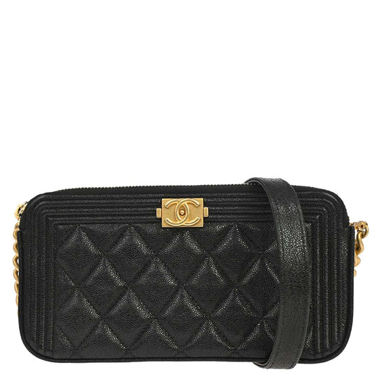 Boy Chanel 2019 Black Caviar Skin Double Zip Chain WOC Shoulder Bag