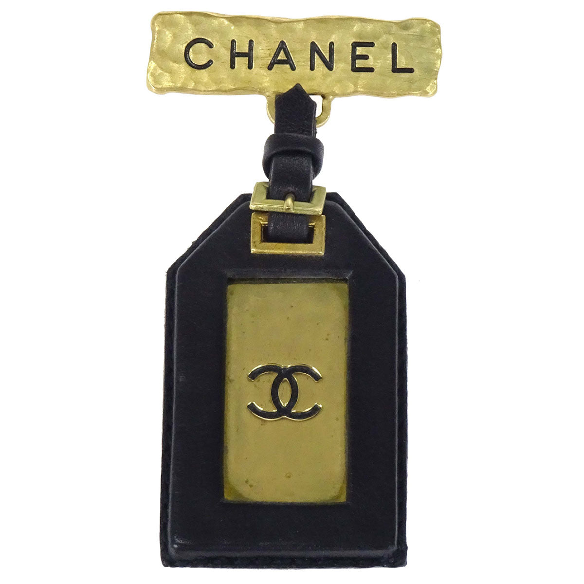 Chanel Dangle Leather Brooch Pin Gold Black 94P