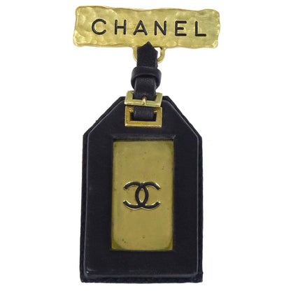 Chanel Dangle Leather Brooch Pin Gold Black 94P