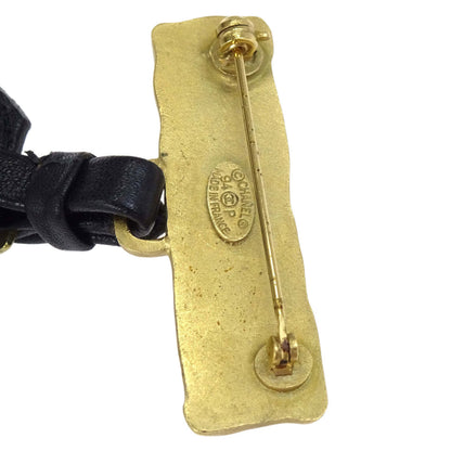 Chanel Dangle Leather Brooch Pin Gold Black 94P