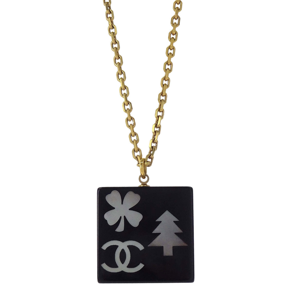Chanel Gold Black Square Pendant Necklace 03A
