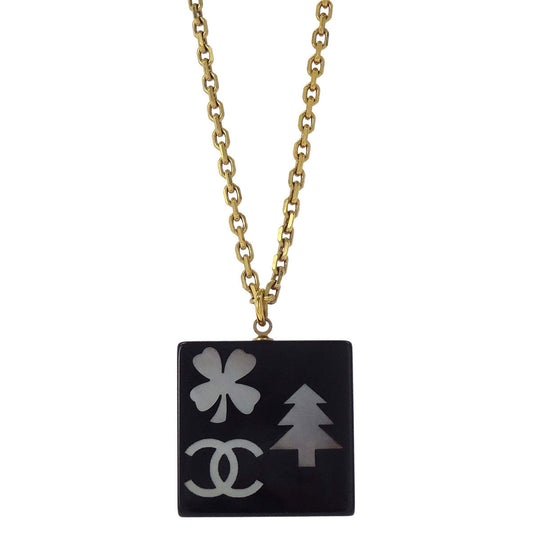Chanel Gold Black Square Pendant Necklace 03A
