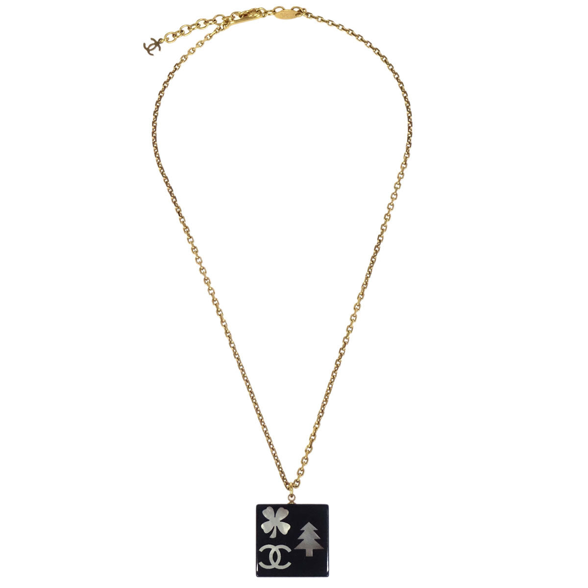 Chanel Gold Black Square Pendant Necklace 03A