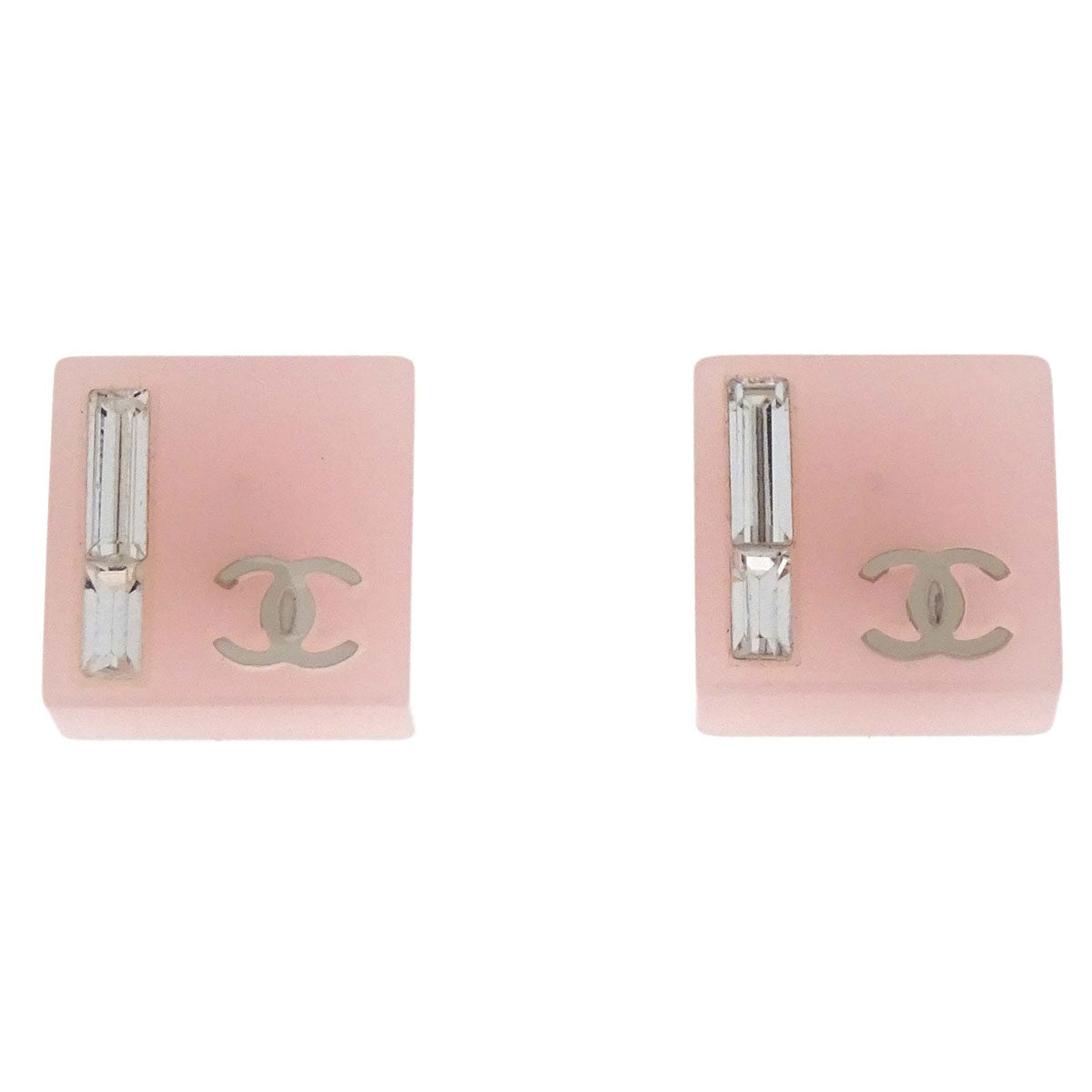 Chanel Square Pierced Earrings Silver Pink Rhinestone 07C