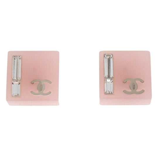 Chanel Square Pierced Earrings Silver Pink Rhinestone 07C
