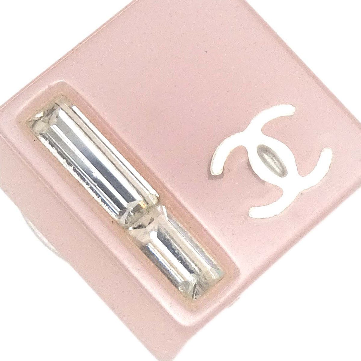 Chanel Square Pierced Earrings Silver Pink Rhinestone 07C