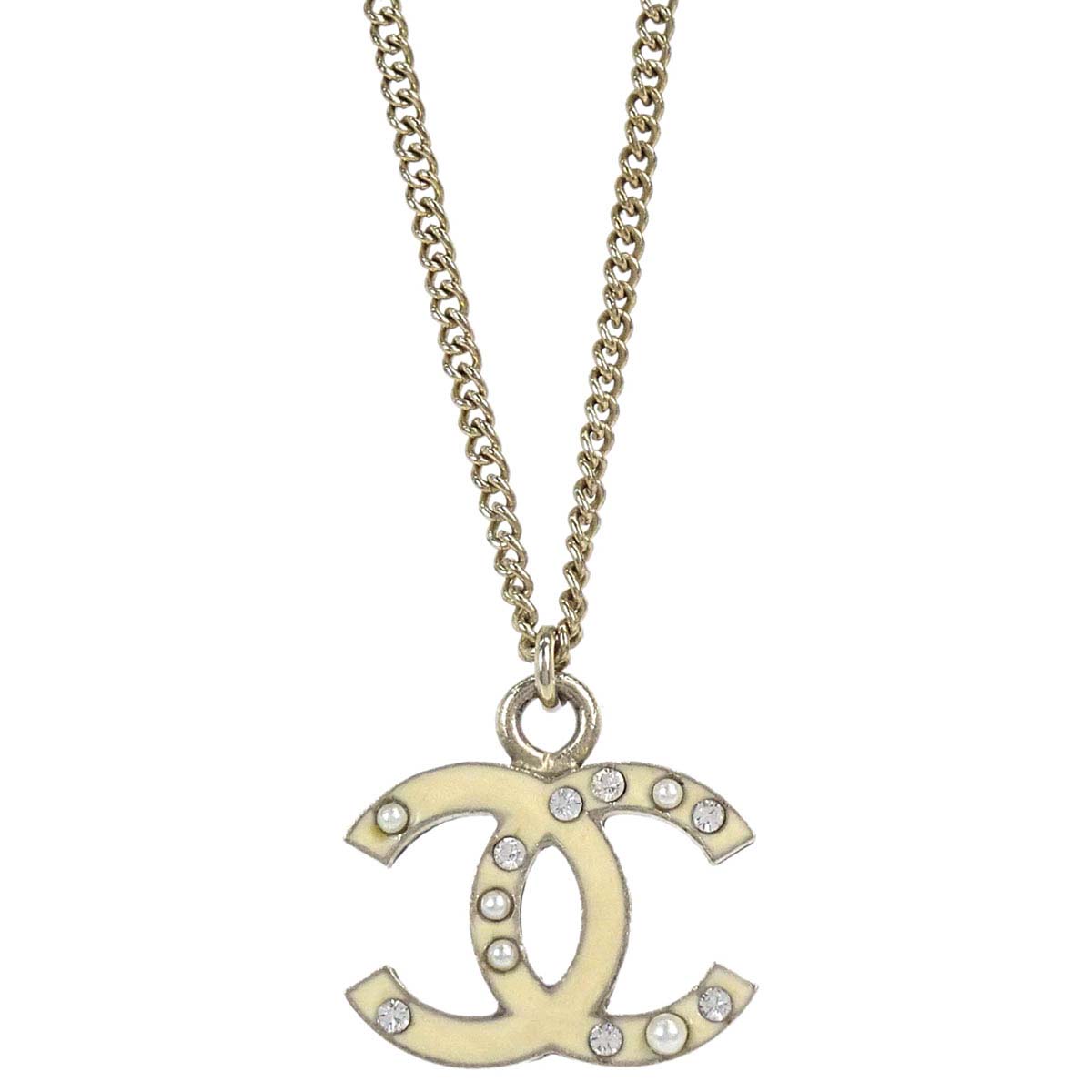 Chanel Rhinestone Costume Pearl Gold Ivory CC Necklace 07A