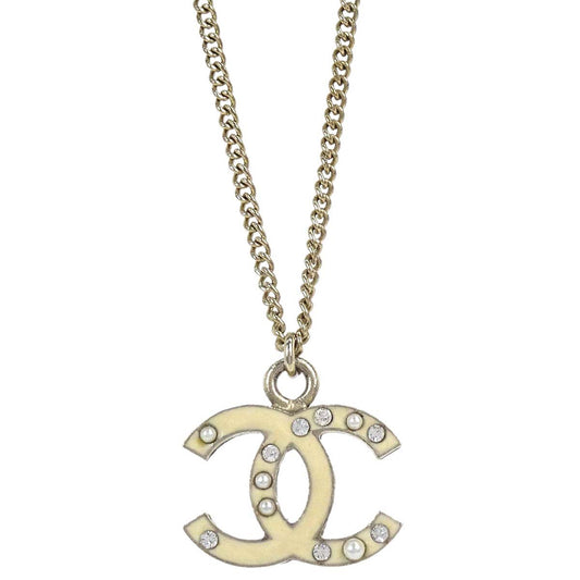 Chanel Rhinestone Costume Pearl Gold Ivory CC Necklace 07A