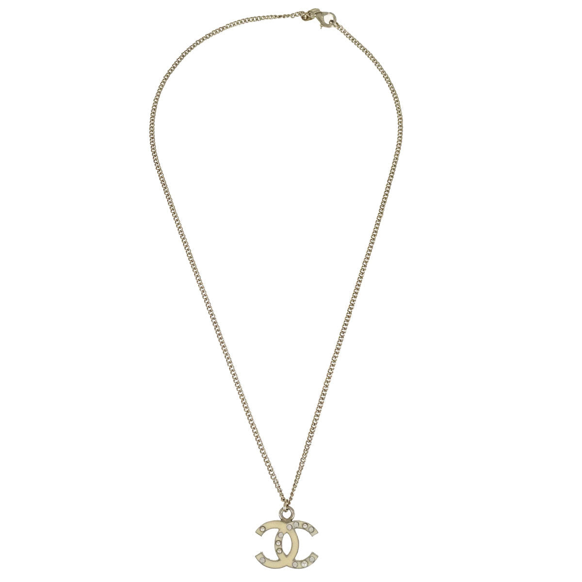 Chanel Rhinestone Costume Pearl Gold Ivory CC Necklace 07A