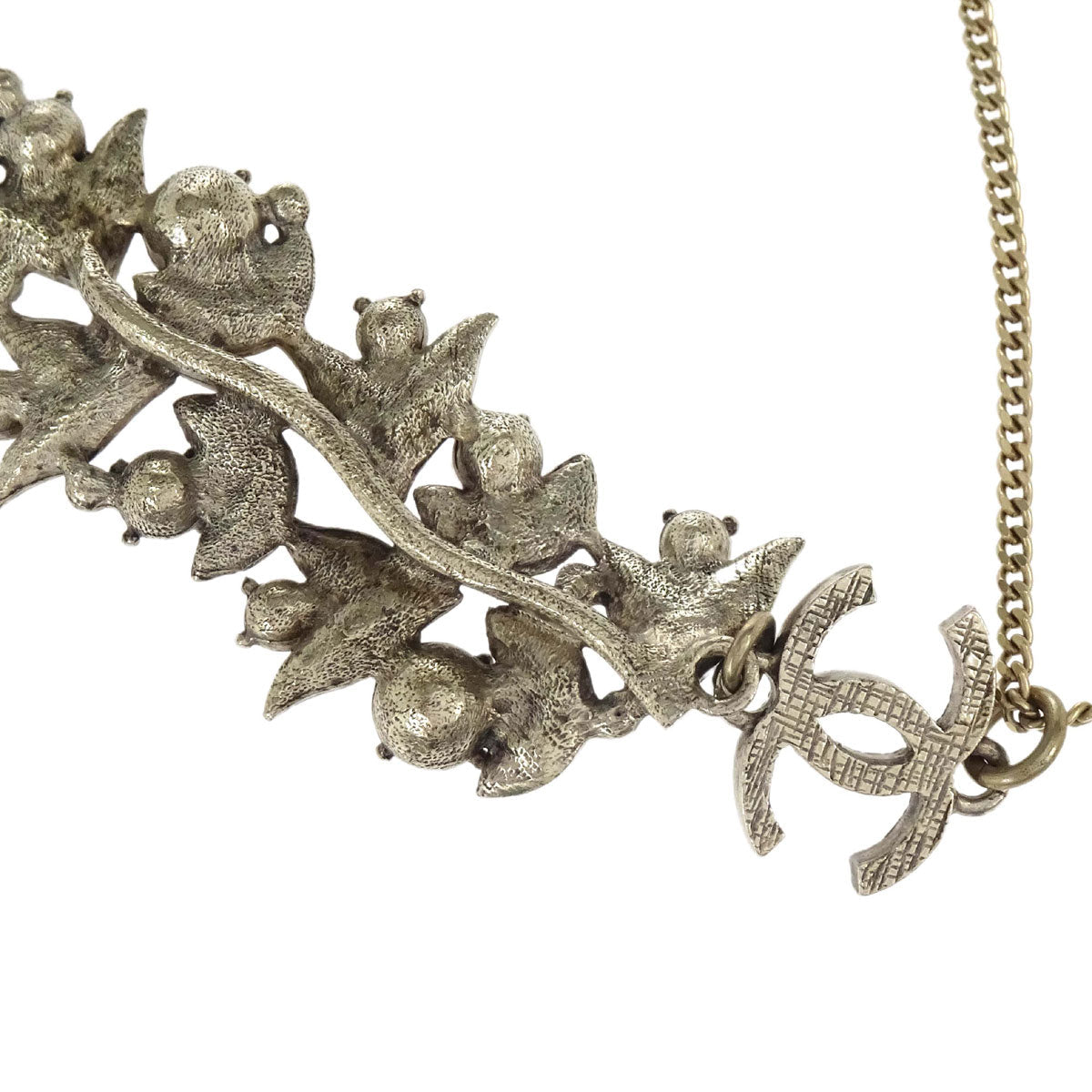 Chanel Rhinestone Costume Pearl Gold Leaf CC Pendant Necklace 05A