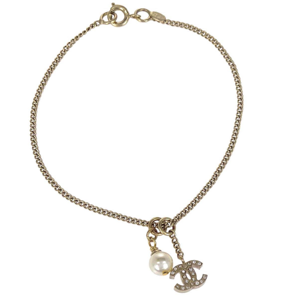 Chanel Rhinestone Costume Pearl CC Chain Bracelet Gold 05A