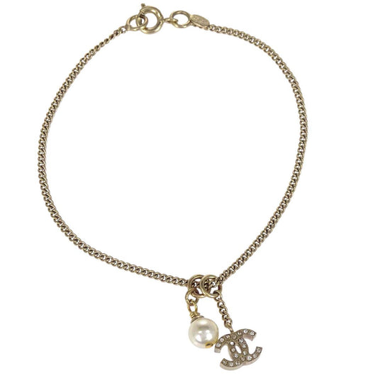 Chanel Rhinestone Costume Pearl CC Chain Bracelet Gold 05A
