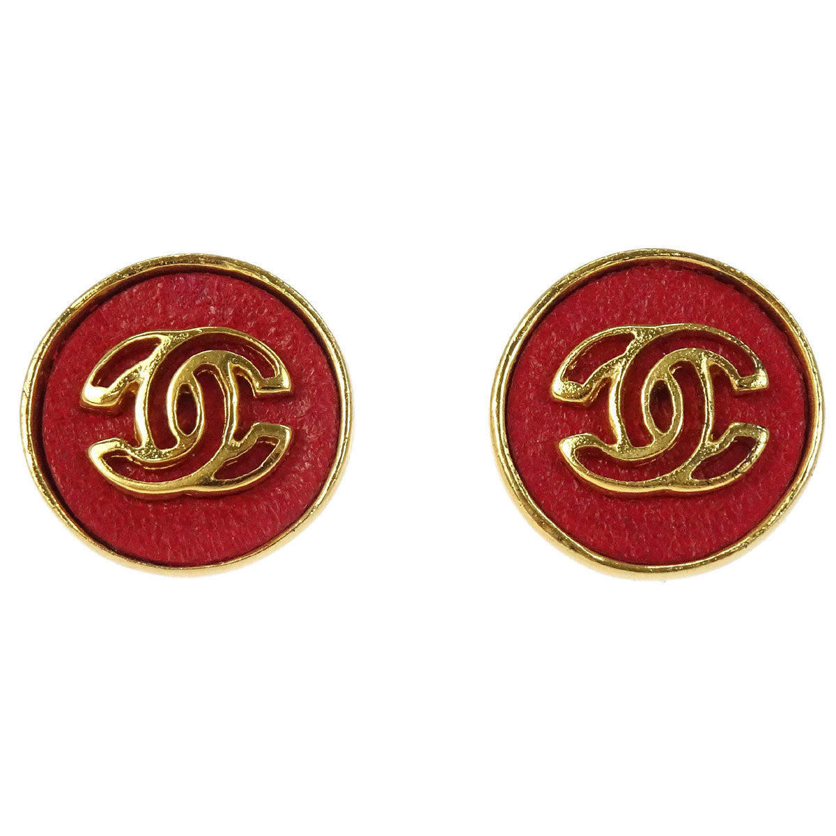 Chanel Button Pierced Earrings Gold Red 03P