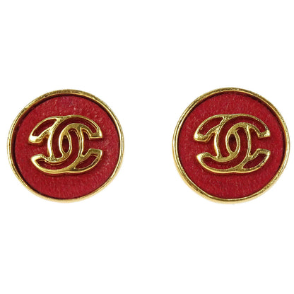 Chanel Button Pierced Earrings Gold Red 03P