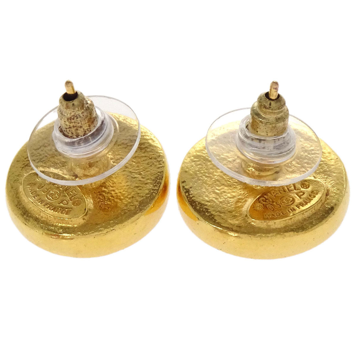 Chanel Button Pierced Earrings Gold Red 03P